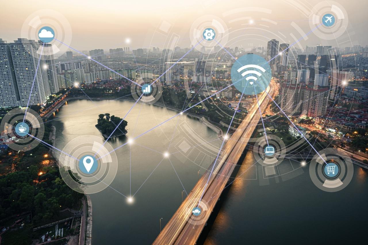 Telematics connecting devices in cityscape