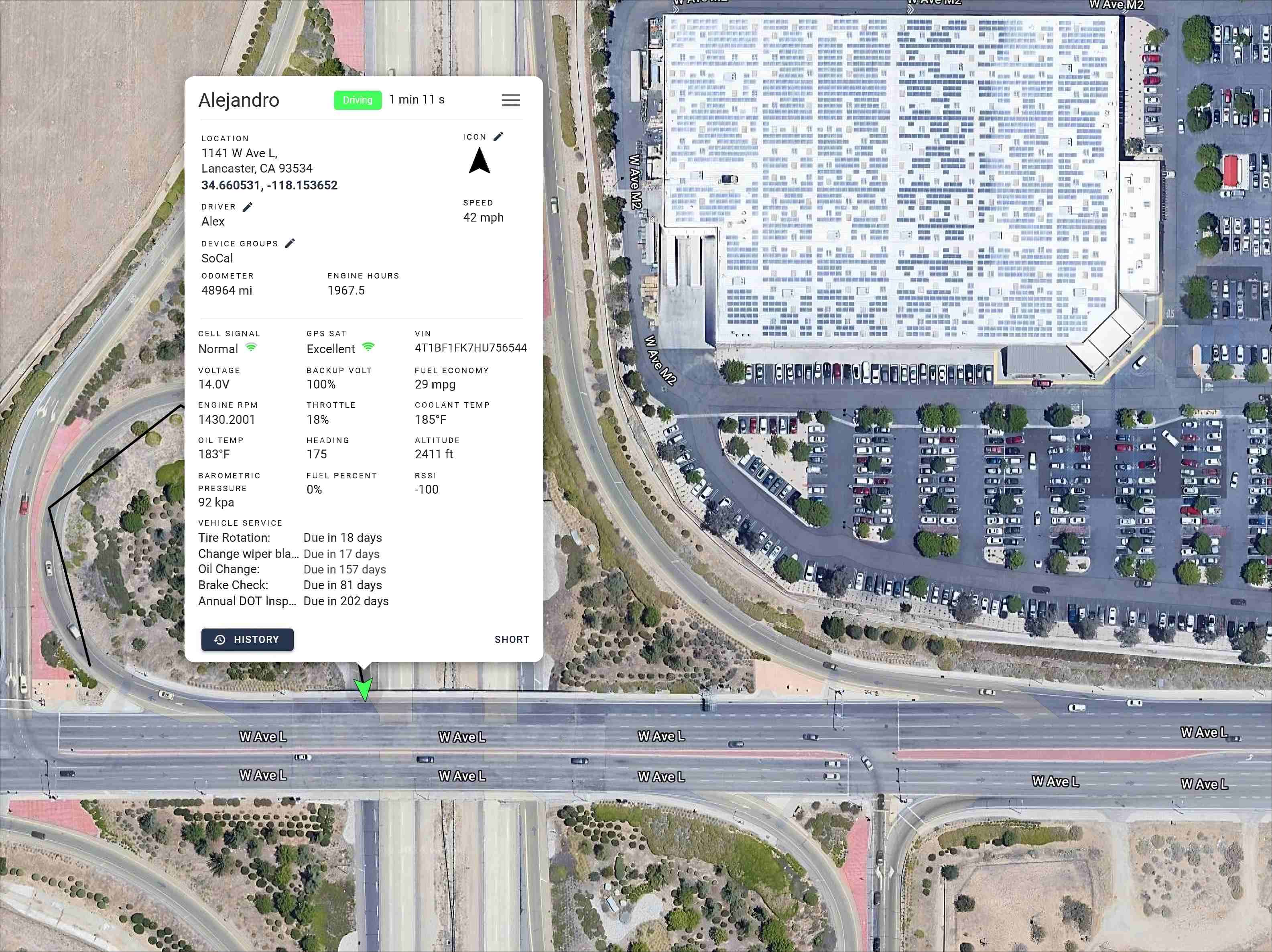 Screenshot of OSG platform displaying realtime location of a vehicle