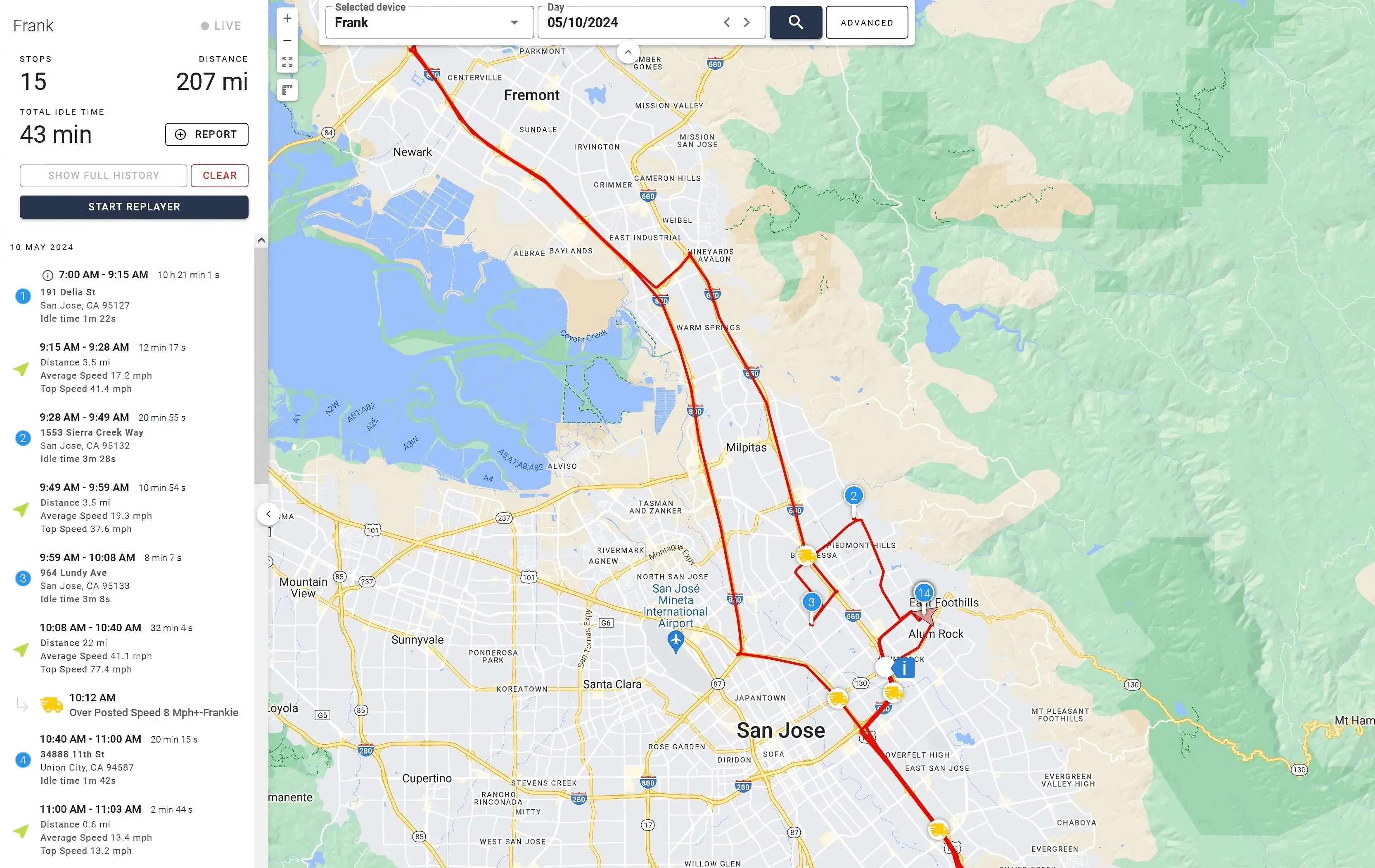 Screenshot of OSG platform displaying route with stops and alerts on a map