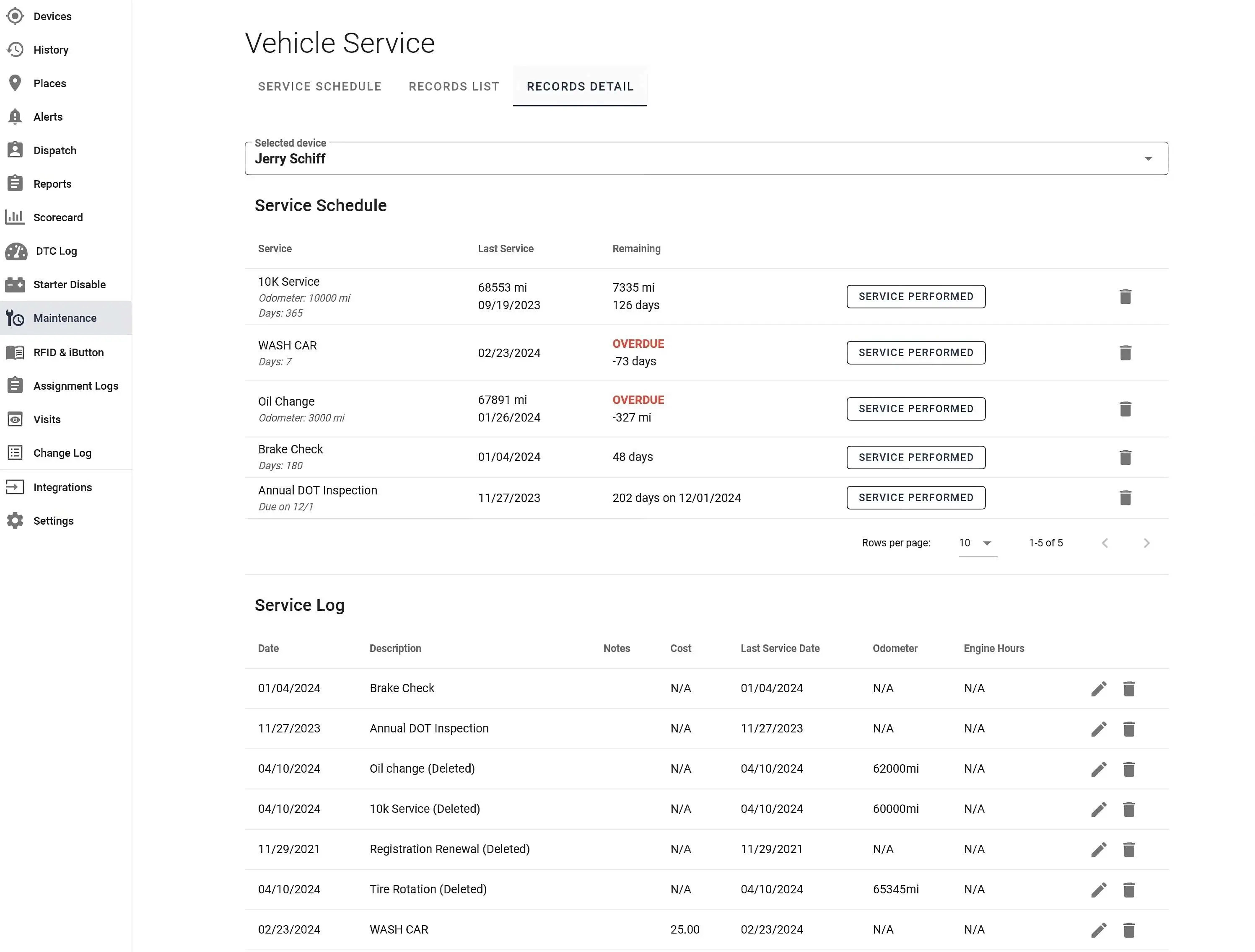 Screenshot of OSG platform displaying vehicle maintenance data