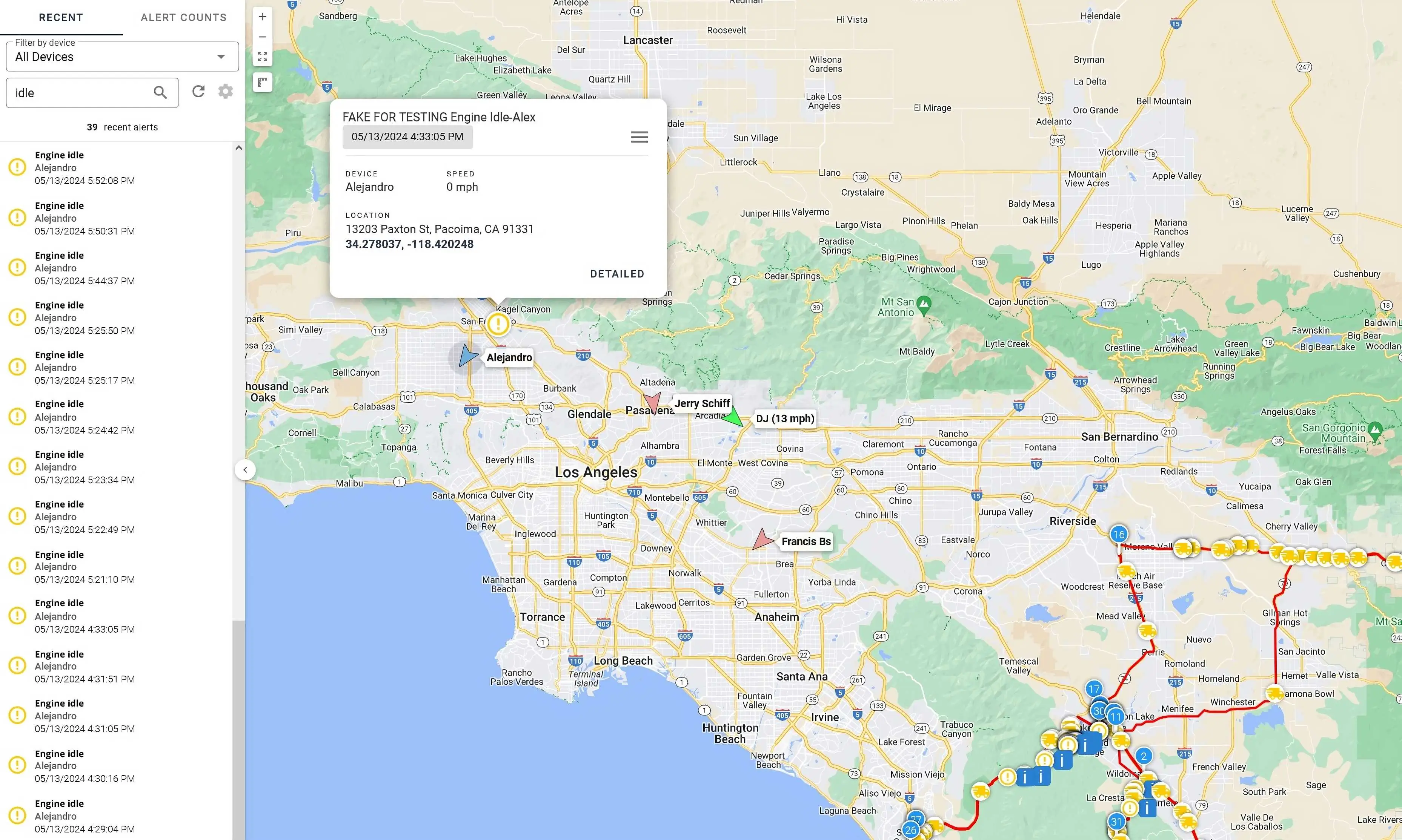 Engine idle monitoring screenshot from One Step GPS platform