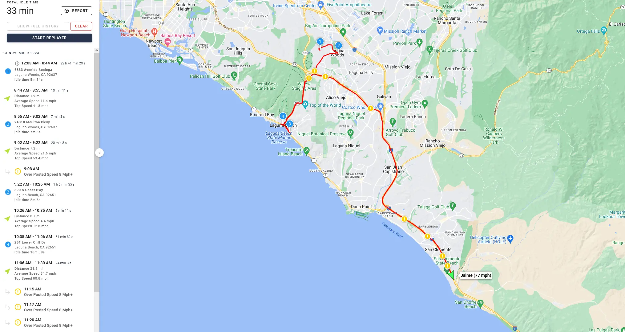Screenshot of OSG platform displaying route with stops and alerts