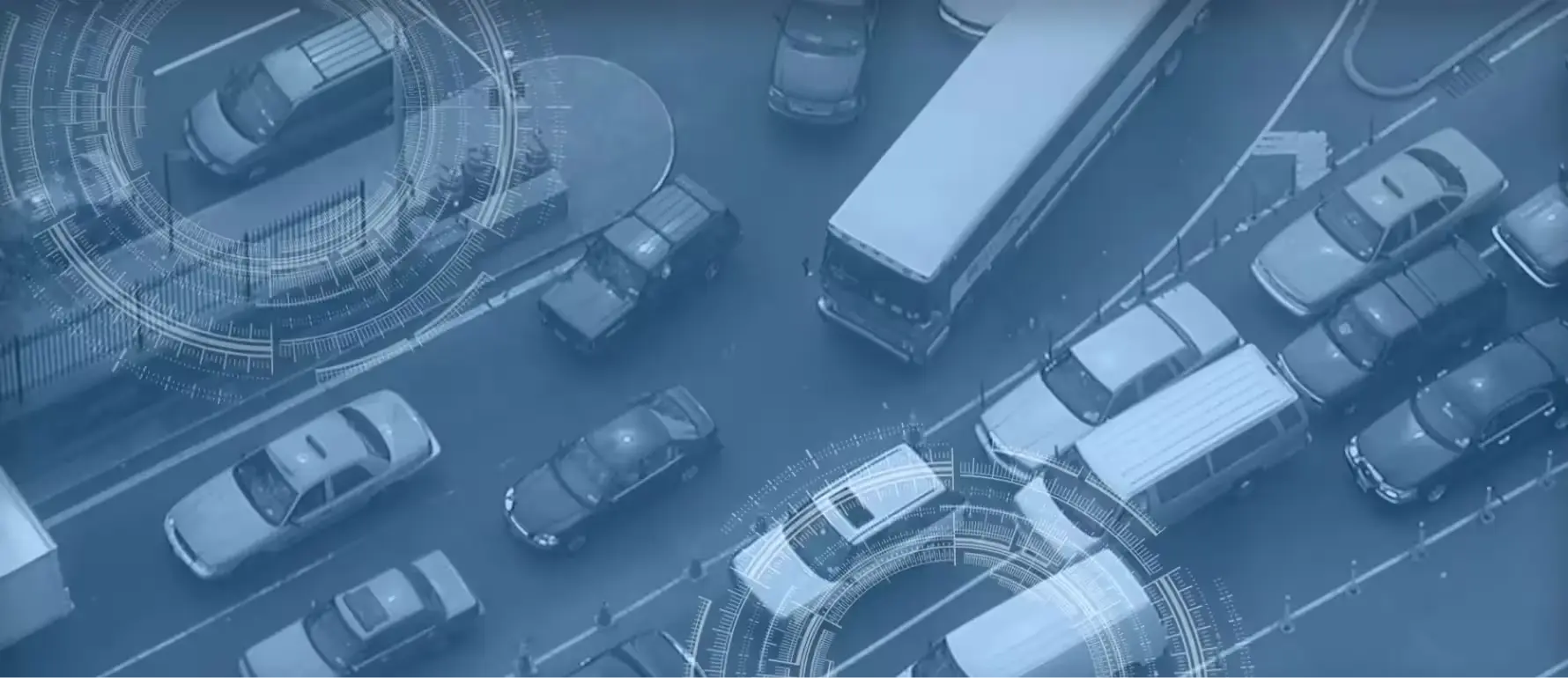 vehicles on the road with compass graphics overlaid